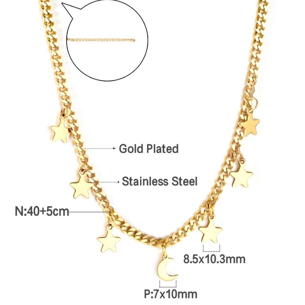 NEW 18K yellow gold plated Cuban chain boho star and moon necklace jewelry B28A - Picture 3 of 10